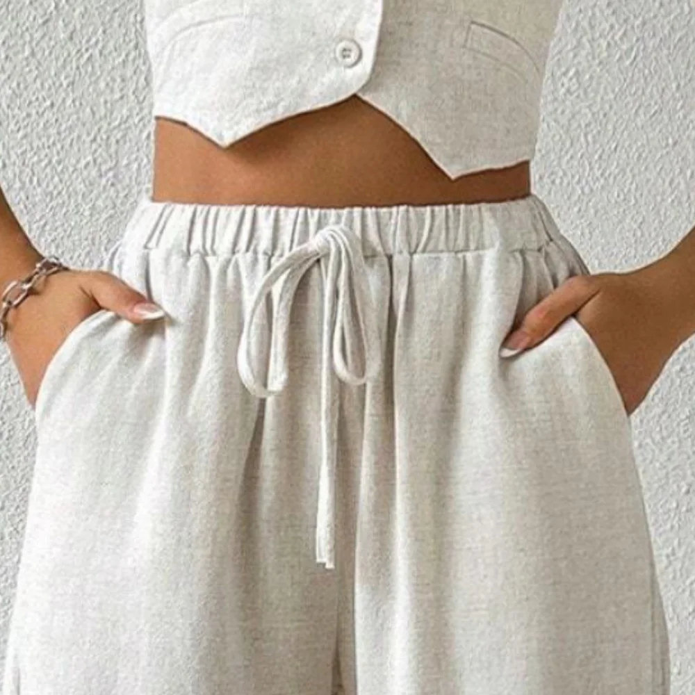 Linen Button Down Halter Crop Top Wide Leg Trouser Pants set - Picture 2 of 5